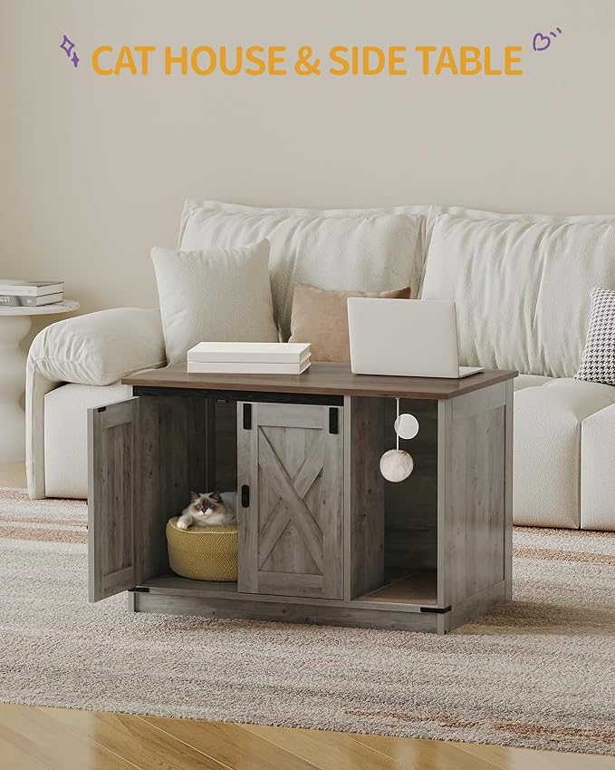 Cat Litter Box Enclosure, Hidden Litter Box Cabinet Furniture with Bell, Indoor Cat House, Farmhouse Style, 31.5 x 19.7 x 20.9Inches, for Hallway, Bedroom, Light Ivory and Brown CB82405X