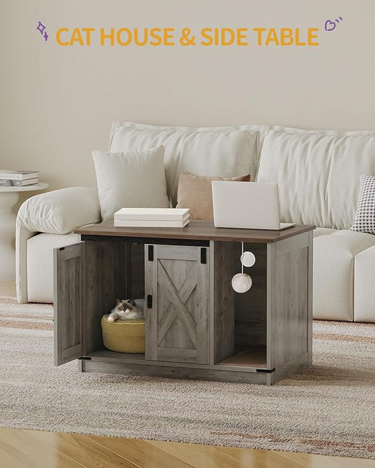 Cat Litter Box Enclosure, Hidden Litter Box Cabinet Furniture with Bell, Indoor Cat House, Farmhouse Style, 31.5 x 19.7 x 20.9Inches, for Hallway, Bedroom, Light Ivory and Brown CB82405X