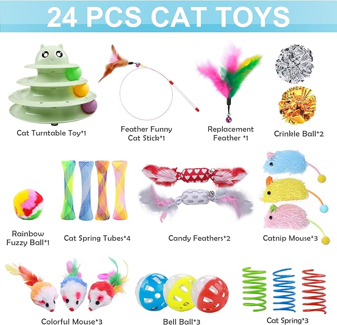 UPSKY 24 PCS Cat Toys, 3-Level Turntable Kitten Toys Set, Interactive Cat Roller Toys for Indoor Cats, Catnip Toys, Cat Teaser Toys, Mice Toys, Spring Toys, Various Ball Toys for Kitty.