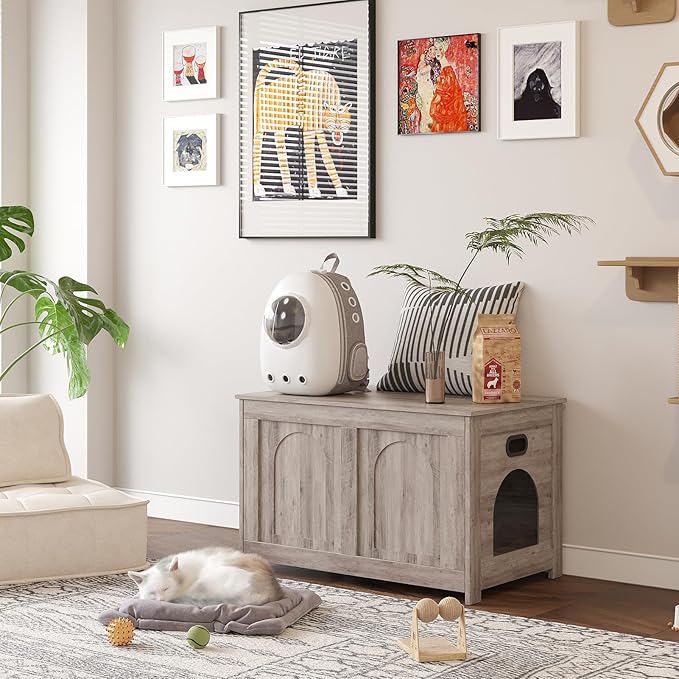 DINZI LVJ Cat Litter Box Enclosure, Flip Top Litter Box Furniture, Farmhouse Hidden Cat Washroom, Wooden Pet House, End Side Table, 31.5" L x 19.7" W x 19.7" H, Sturdy and Easy to Assemble, Greige