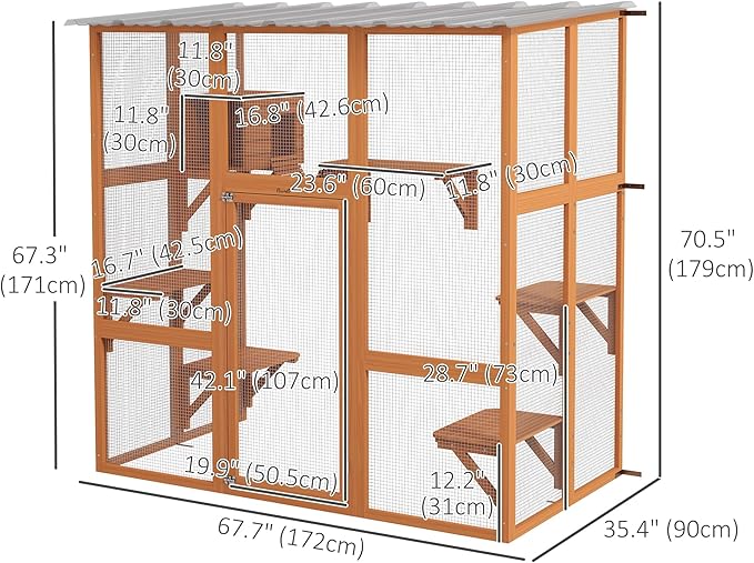 PawHut Catio Outdoor Cat Enclosure Window Box, Wooden Cat House Playground with Scratching Posts, Weather Protection Roof for 1-2 Kitties, Resting Boxes, 68" x 35.5" x 70.5", Orange