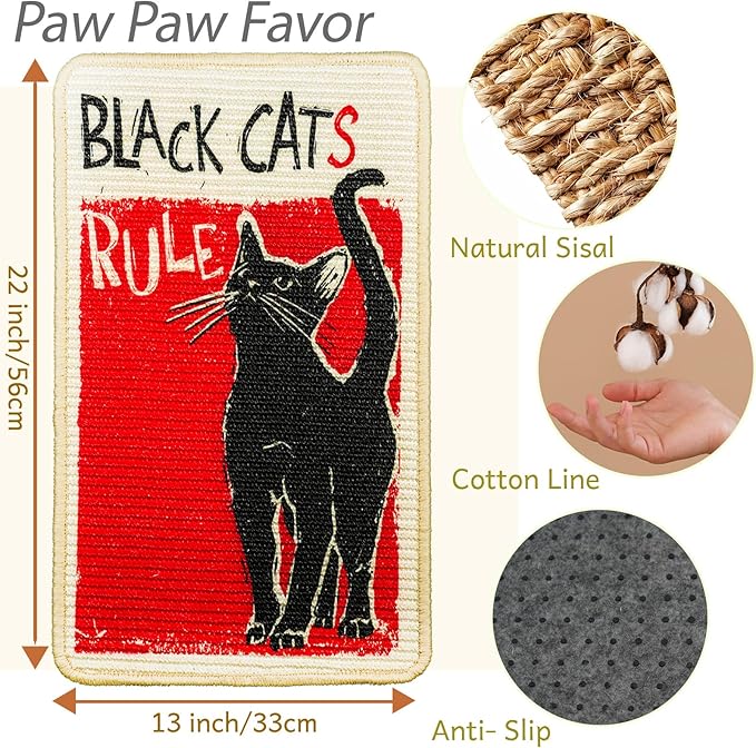 SOLDAY Sisal Cat Scratcher Mat for Floor Wall Carpet Couch Furniture, 22x13 inch Anti Scratch Furniture Protector, Cat Scratching Posts Board with Velcro Tape(Black Cat Rules)