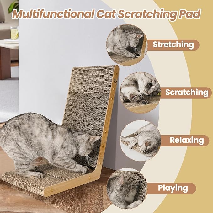 2-Pack Cardboard Cat Scratcher, 105° Tilt Angle Cat Scratching Board, 23.60 Inch L-Shape Cat Scratch Pads with Built-in Catnip Toy Balls, Cat Scratchers for Indoor Cats