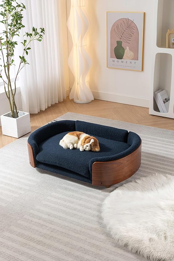 HomSof 38.58" Scandinavian Style Elevated Dog Cat Bed Pet Sofa with Solid Wood Legs and Bent Wood Back with Velvet Cushion,Large Size，Light Grey