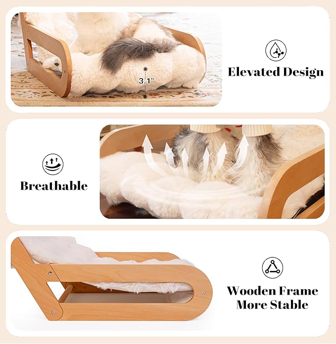 Elevated Cat Couch Bed for Indoor, Wooden Cats Sofa with Washable Fluffy Cover Raised Kitty Lounge Chair Suitable for Puppy(Cat Lounge Off-White)