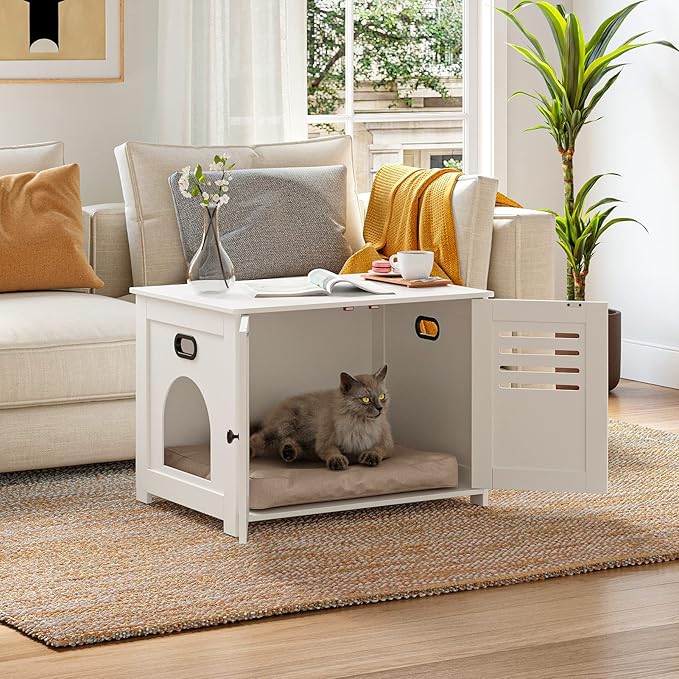 DINZI LVJ Litter Box Enclosure, Cat Litter House with Louvered Doors, Entrance Can Be on Left or Right, Large Hidden Cat Washroom for Most of Litter Box, Furniture Cabinet, White