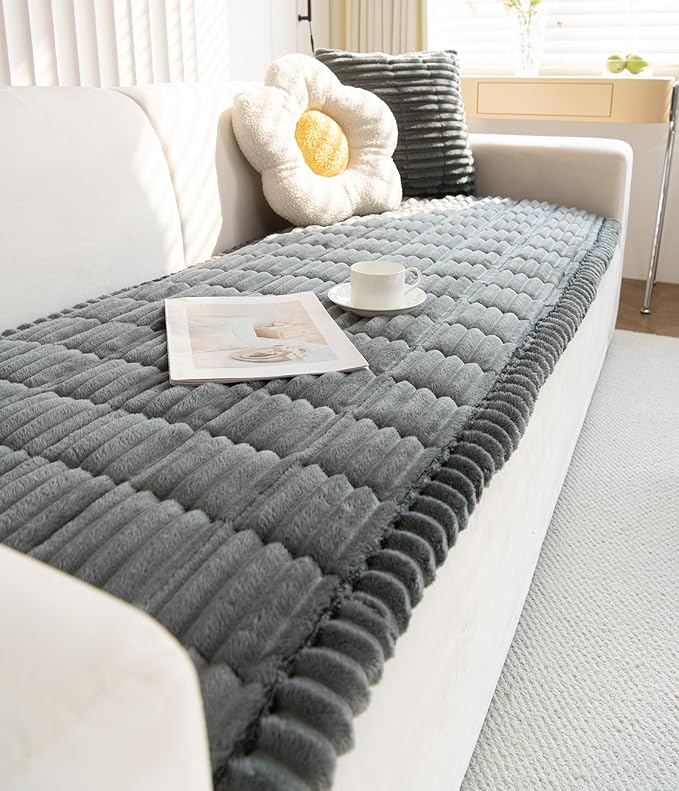 Faux Fur Plush Dog Couch Cover 3D Stripe Fuzzy Sofa Cover Non-Slip Fluffy Dog Bed Cover Pet Blanket Sofa Couch Furniture Protector for Puppy Large Dog Cat (Dark Grey,31"x94")