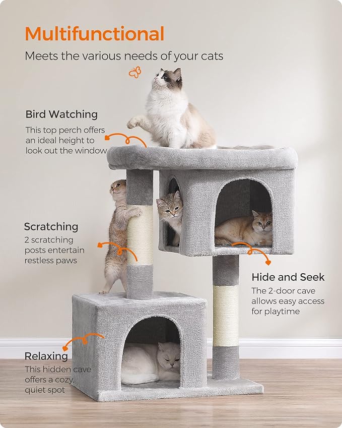 Feandrea Cat Tree, 39.8-Inch Cat Tower, XL, Cat Condo for Extra Large Cats up to 44 lb, Large Cat Perch, 2 Cat Caves, Scratching Post, Light Gray UPCT614W01