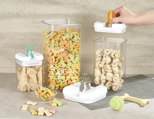 Felli Flip Tite Pet Food Container with Airtight Lids, BPA FREE Acrylic Canister with Paw Bone Fish Flip Top Handles for Cat Dog Kibble Treats Storage, Keep Fresh (Pet Collection Nest-L3pk)