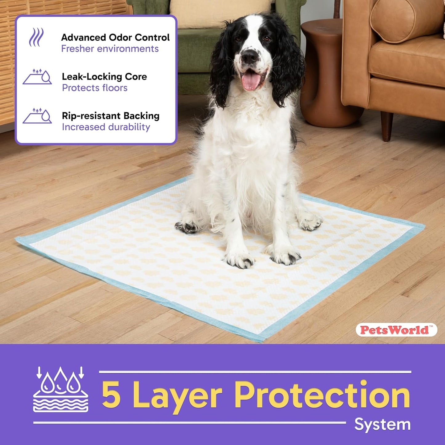 PETSWORLD Giant Dog Potty Pads, Odor-Eliminating, 36" x 36", Ultra Absorbent 5-Layer Leak-Proof Training Pads for Dogs & Cats (36x36 Health Indicating, 50 Count)