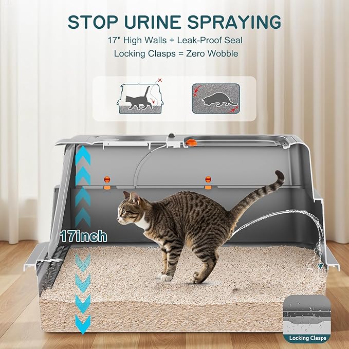 Stainless Steel Litter Box with Lid, 28" XXXL Large Cat Litter Box Enclosure for Multiple Cats, Odor Control with Carbon Filters, Anti-Leak High Sided, Includes Removable Lid & Scoop, Dark Gray