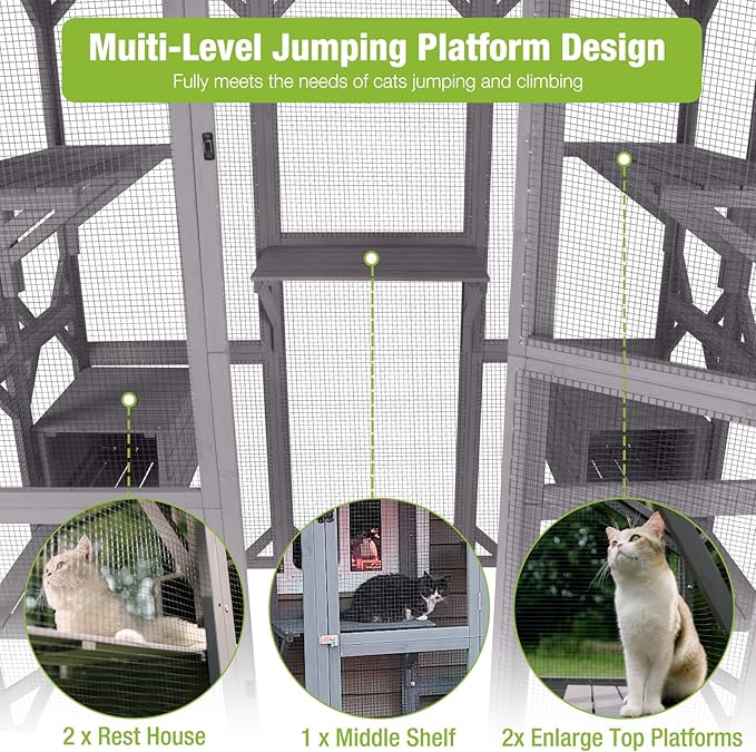 GUTINNEEN Catio Large Cat House Outdoor Walk in Outdoor Cat Enclosure Indoor Cage Kitty Condo Playpen with Door, Platform & Small House - 62.6"