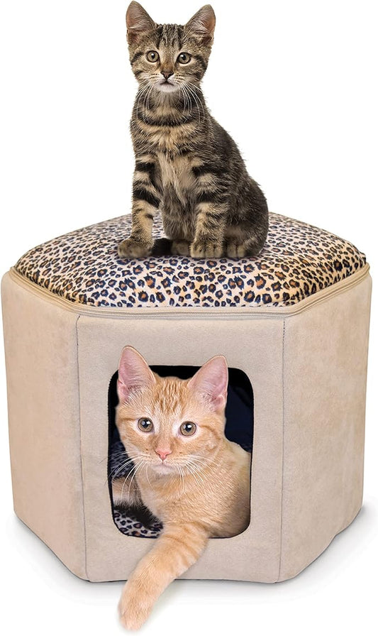 K&H Pet Products Thermo-Kitty Sleephouse Cat Cave, Indoor Cat House, Clubhouse Cat Bed - Unheated Tan/Leopard 12 X 17 Inches