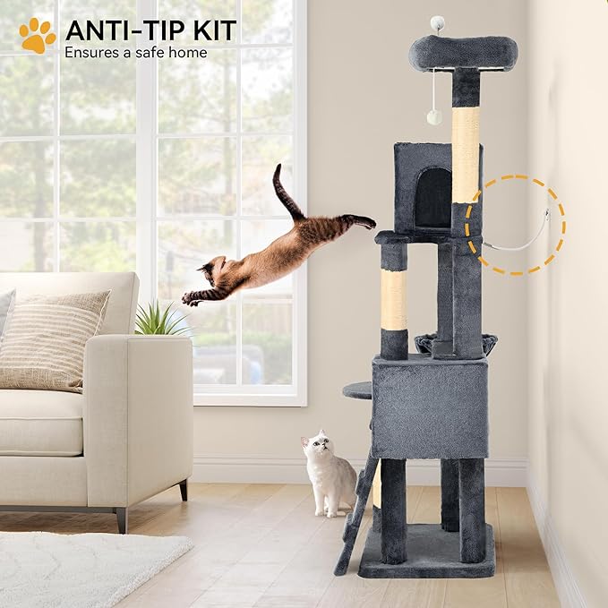YITAHOME 70.8-Inch Tall Cat Tree Indoor: Multi-Level Kitten Tower with Kitty Condos, Top Perches, Scratching Posts & Cozy Basket Pet Play House Dark Gray