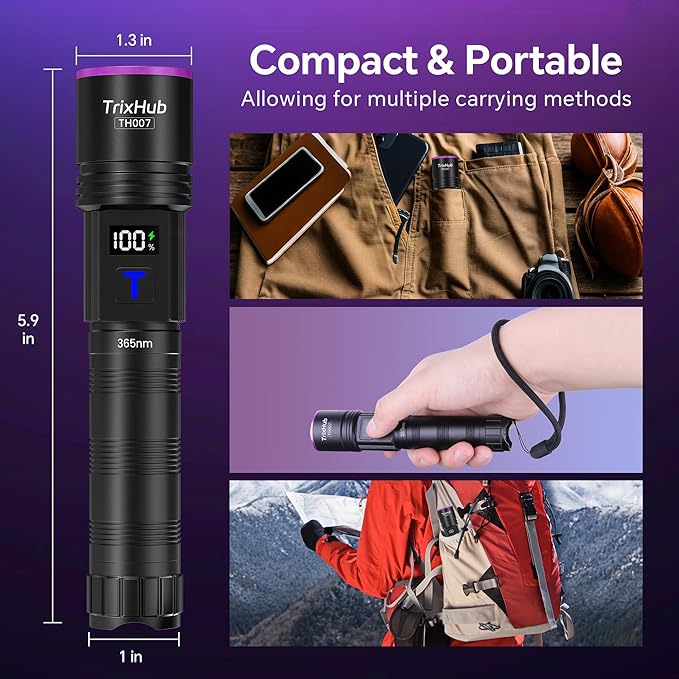 365nm Black Light Flashlight, UV Flashlight Rechargeable with LCD Display, Powerful Ultraviolet Lights for Pet Urine Detection, Resin Curing, Minerals, Blood tracking, Scorpion, Uranium Glass, A/CLeak