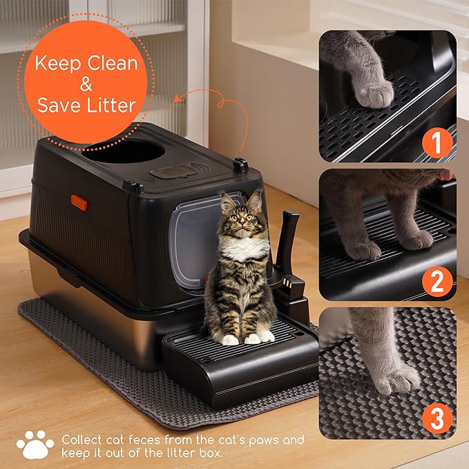 Citylife Stainless Steel Cat Litter Box with Lid, Front & Top Entry Extra Large Metal Kitty Litter Box Enclosure with Scoop & Double Layer Mat, Anti-Leakage, Non-Sticky, Black