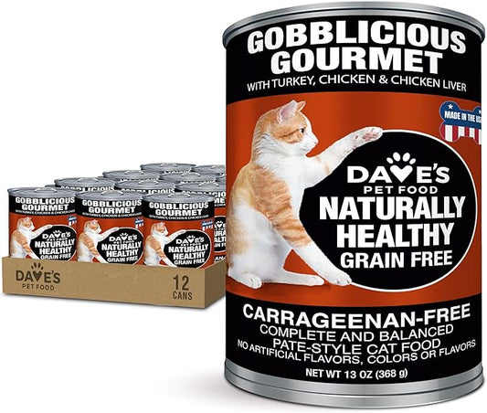 Dave's Pet Food Grain Free Wet Canned Cat Food Pate (Gobblicious Gourmet), Made in USA Naturally Healthy, Added Vitamins & Minerals, 13 oz Cans (12 Pack)