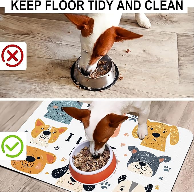 Cute Dogs Pet Cat Dog Food Mat-Absorbent Quick Dry Feeding Placemat for Water and Food, No Stains Rubber Base Mat for Indoor Use, Pet Accessories 16"x24"