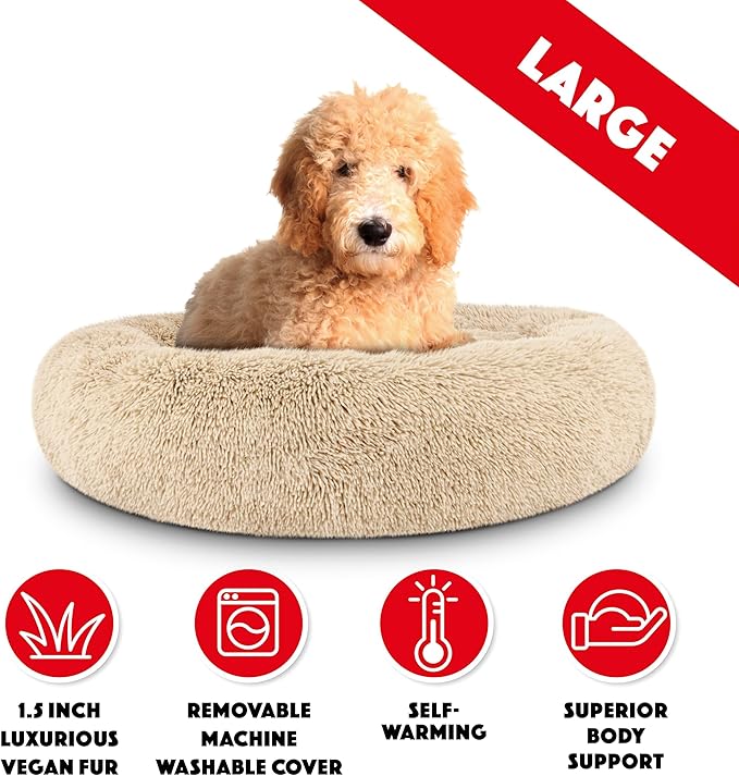 The Dog’s Bed Sound Sleep Donut Dog Bed, Large Dog Beige Fur Calming Nest Bed, Veterinary Approved