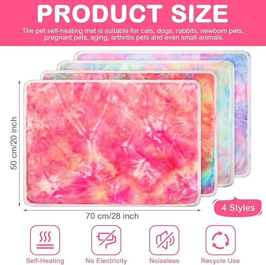 4 Pack Self Heating Cat Bed Cat Self Warming Pad with Removable Cover Extra Warm Thermal Pet Pad Washable Pet Crate Mat Anti Slip Kennel for Indoor Outdoor Pets(Tie Dye,20 x 28 Inches)