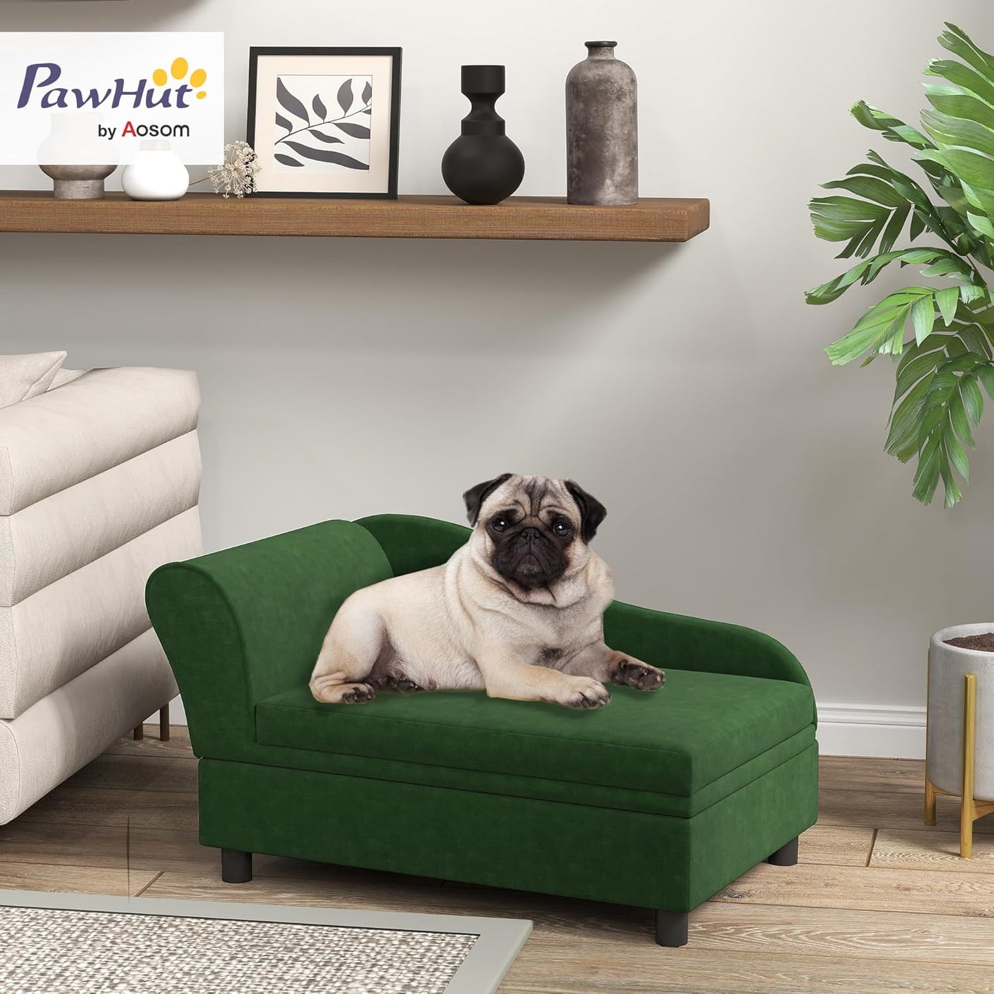 PawHut Luxury Fancy Dog Couch with Hidden Storage, Small Dog Sofa Bed with 2" Soft Foam, Modern Pet Furniture for Puppies & Little Breeds, Green