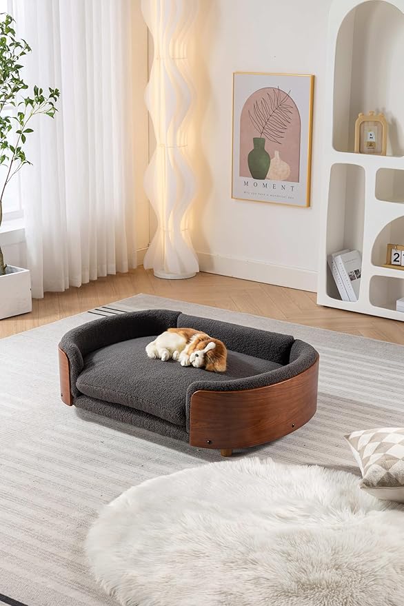 HomSof 38.58" Scandinavian Style Elevated Dog Cat Bed Pet Sofa with Solid Wood Legs and Bent Wood Back with Velvet Cushion,Large Size，Grey+Brown