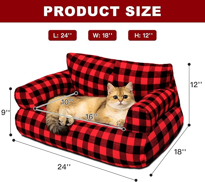 Cat Couch Bed - Cat Bed for Indoor Cats, Calming Pet Sofa Puppy Sleeping Bed with Removable Washable Cover, Cute Dog Couch and Kitty Lounge Chair for 18lbs Cats & Small Dogs(Red & Black)