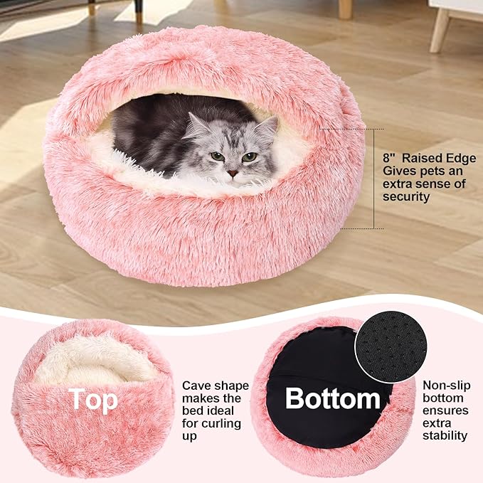 Calming Bean Mush Beds & Cat Cave with Hooded Cover, Removable Washable Round Beds for Small and Medium Pets, Anti-Slip Faux Fur, Fits Up to 15/25 lbs
