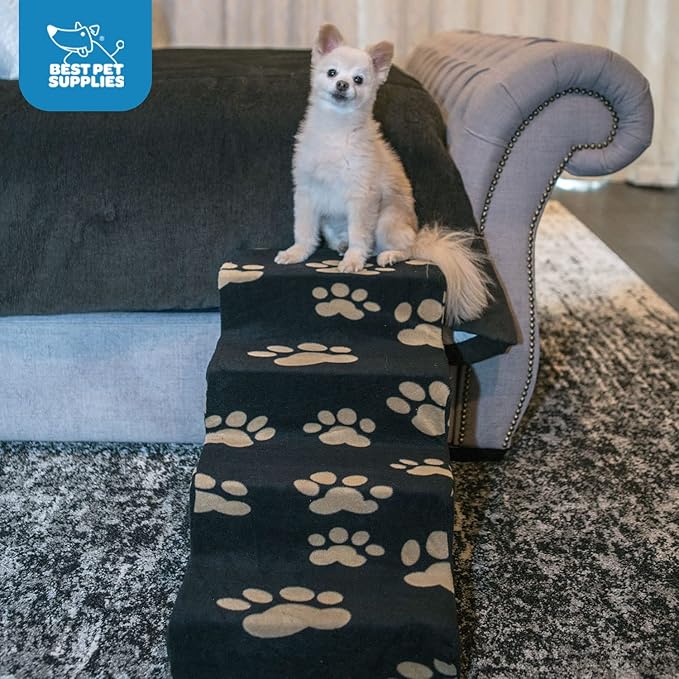 Best Pet Supplies Dog Stairs & Steps - Foam Steps for Small Dogs & Cats, Non-Slip Indoor Balanced Pet Step Support, Dog Ramp, No Assembly, Paw Print on Black, 4-Step (18-inch Height).