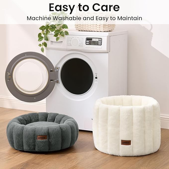 Cute Cat Beds for Indoor Cats, Striped Small Donut Dog Bed for Puppy and Kitten, Anti-Slip Bottom, Grey