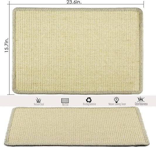 Cat Scratcher Mat, 23.6x15.7' Natural Sisal Scratching Pad with Velcro Tape, Stick on Floor and Wall Cat Scratch Mat Protects Carpet and Sofa