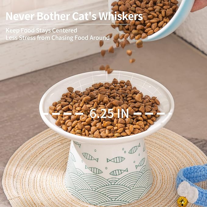 OMAYKEY 6.25 Inch Extra Wide Ceramic Raised Cat Bowls, Upgraded Elevated Porcelain Cat Food Water Bowl Dish, Stress Free Pet Feeder Bowls Dishes for Elder Big Cats & Small Dogs, Green & Orange