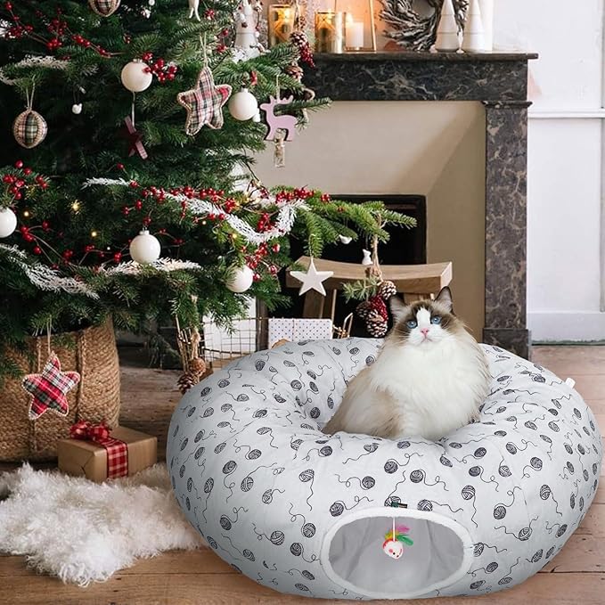 Ownpets Large Cat Tunnel Bed for Indoor Cats, Soft Plush Cat Donut Tunnel with Washable Cushion for Kitten, Puppy, Rabbit, Gray
