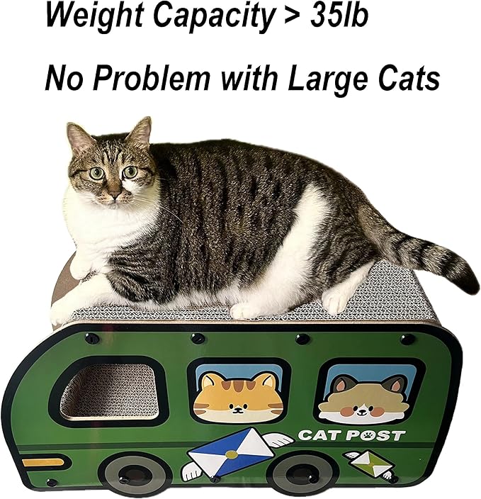 Cat Scratching House, Cat Cardboard House Green Bus, Long Scratching Post, 9x11.8x22 Inches, Fun Cube & Tunnel, Peekaboo Hideaway for Indoor Cats