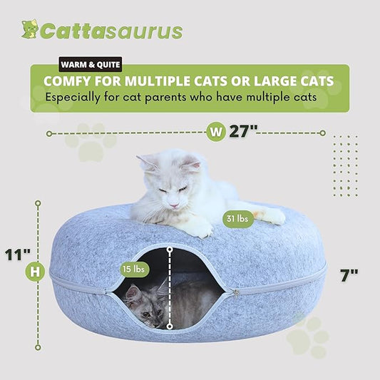 CATTASAURUS Peekaboo Cat Cave for Multiple & Large Cats Up to 30-45 Lbs, Scratch Detachable & Washable Tunnel Bed, Comfy Donut Cat Cave (Light Gray, Jumbo)