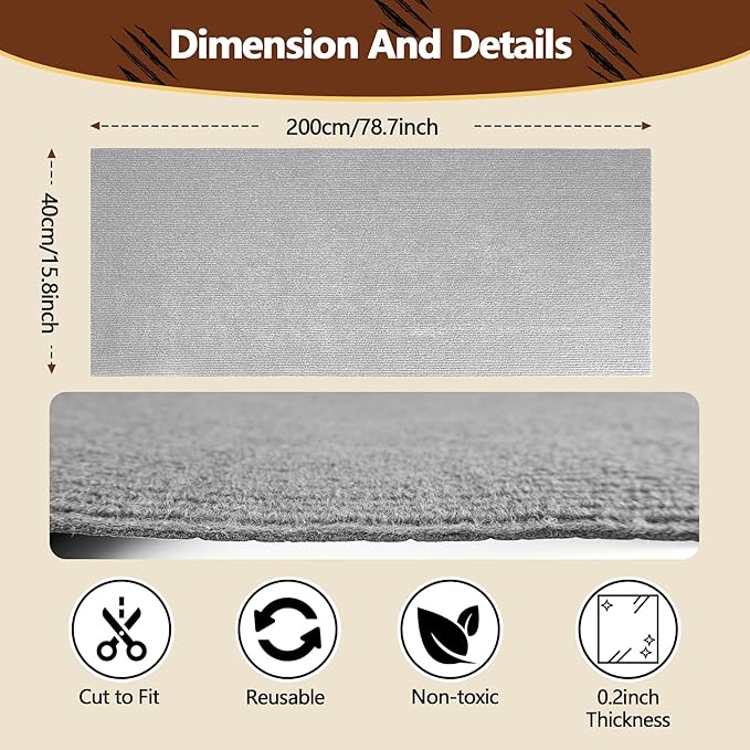 Cat Scratch Furniture Protector, 39.4"x15.8" Self Adhesive Cat Scratch Mat Pad,Cut to Fit DIY Replacement Carpet for Tree,Wall,Bed,Door, Couch Protector (Light Grey)