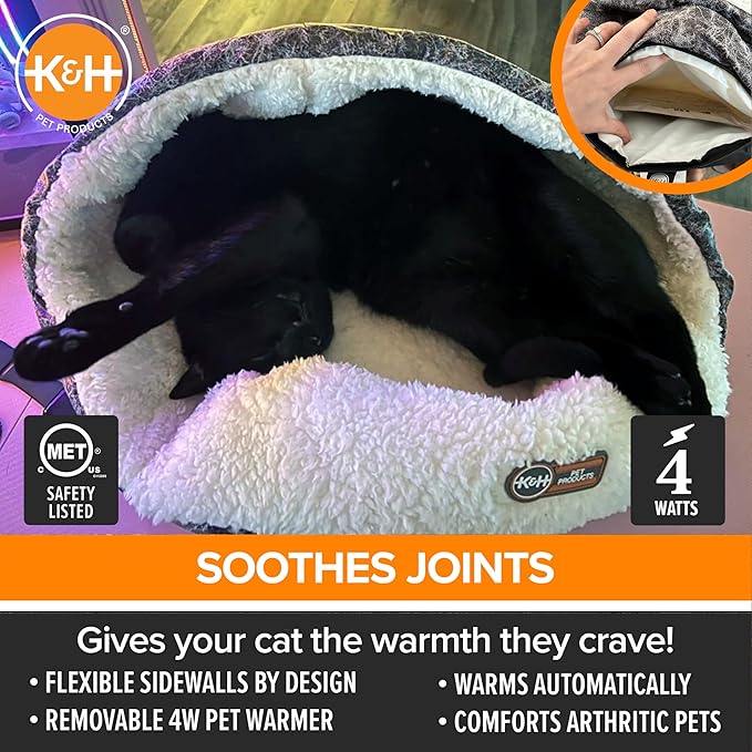 K&H Pet Products Heated Cat Bed Indoor, Thermo-Snuggle Cup Bomber Soft Heated Pet Bed for Large Indoor Cats and Small Dogs, Machine Washable, Waterproof Heated Pad, Safety Listed - 14x18in Gray