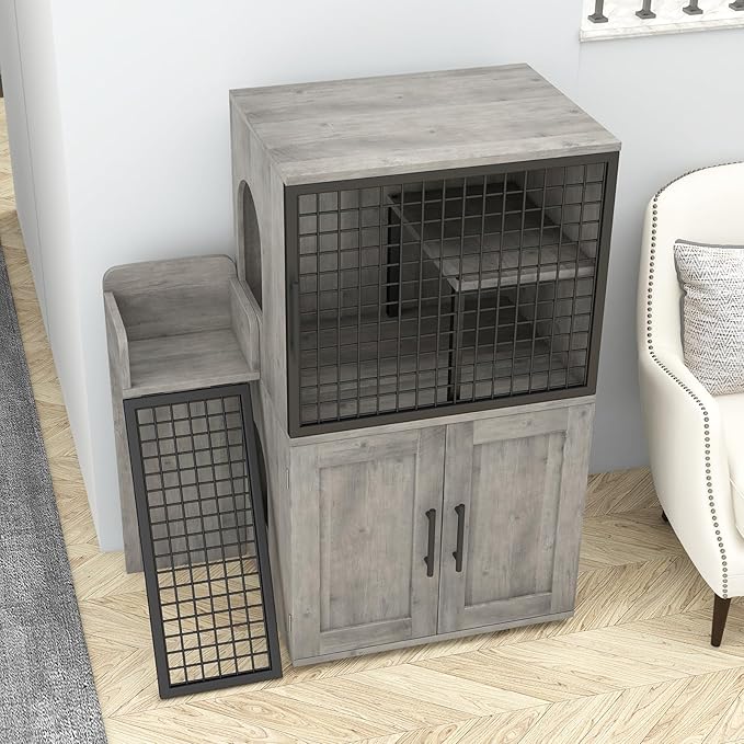 Cat Litter Box Furniture, Modern Cat Cabinet with Side Door, Double Layer Hidden Litter Box Enclosure & Pet House, Villa Style Cabinet with Side Door and Ladder for Indoor Cats