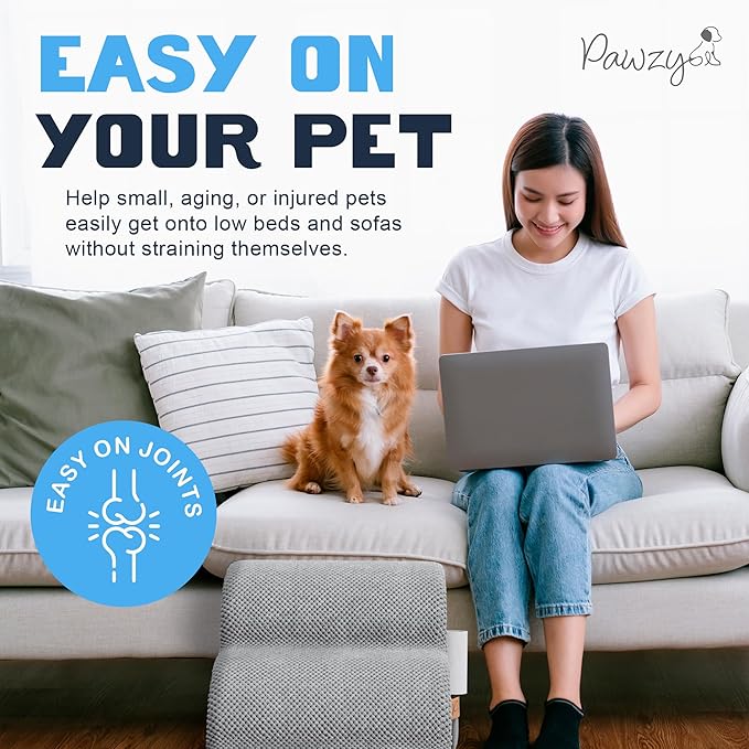 PAWZY Foam Pet Stairs for Bed, Couch or Window PREFIXED Cover - Wide Steps for Bed, Waterproof, Non-Slip Base - 3-Tier Ramp 15.5'' Height- Stairs for Small Dogs, Puppies, Cats - (Grey)