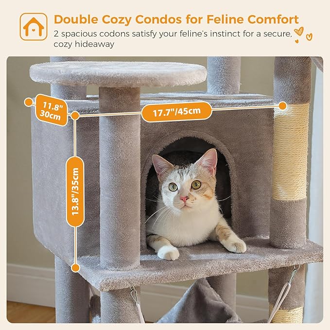 PAWZ Road Tall Cat Tower, 70 Inch Cat Tree with Hammock, 5 Scratching Posts, 2 Condos and a Large Top Perches for Large Cats