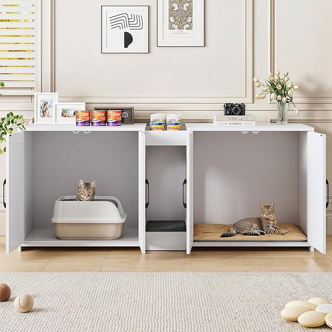 Cat Litter Box Enclosure Furniture - Hidden Litter Box Double Cabinet with Scratch Pad & Cats Bed | Farmhouse Style End Table for Cats | Discreet Cat Washroom for Living Room & Bedroom White