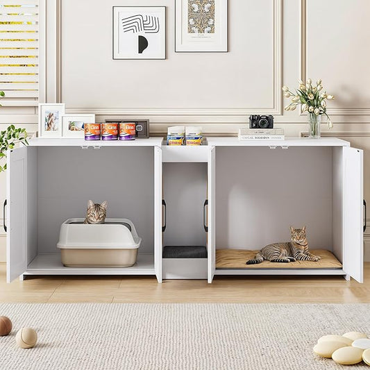 Litter Box Enclosure for 2 Cats, Hidden Litter Box Furniture with Double Rooms, Cat Bed, PVC Pad and Scratch Pad, White