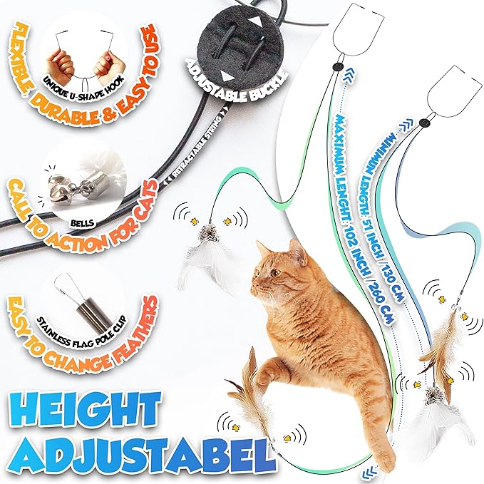 Retractable Cat Feather Toys 7PCS Refills with Bell, Interactive Doorway Hanging Teaser Toys for Indoor Cats, Kitten Play Exercise Feather Teaser Wands