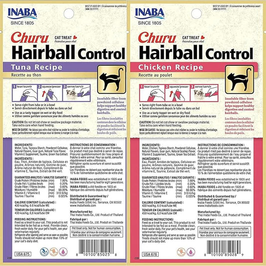 INABA Churu for Cats, Functional, Creamy Lickable Purée Cat Treat for Hairball Control, 0.5 Ounces Each, 48 Tubes (4 per Pack), 2 Flavor Tuna and Chicken Variety Pack