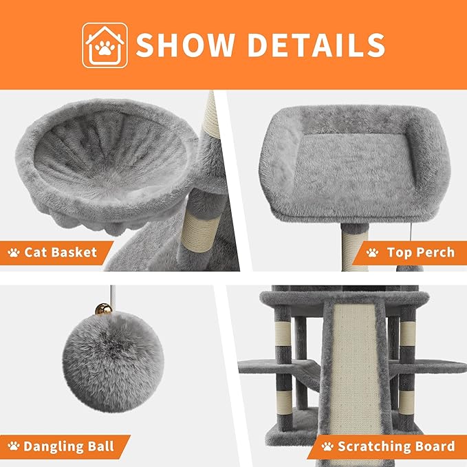 68.5 Inch Multi-Level Cat Tree, Plush Cat Tower with Condo/Sisal Scratching Posts/Hammocks/Basket/Dangling Ball/Platform, Heavy Duty Cats Tree to Play and Sleep, 2601#Light Grey