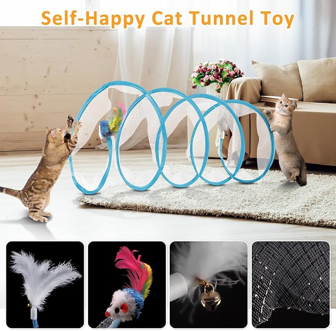 2-Piece Spiral Cat Tubes for Indoor Cats, Large Collapsible Tunnel with Feather Mouse Interactive Toy (Yellow + Blue)