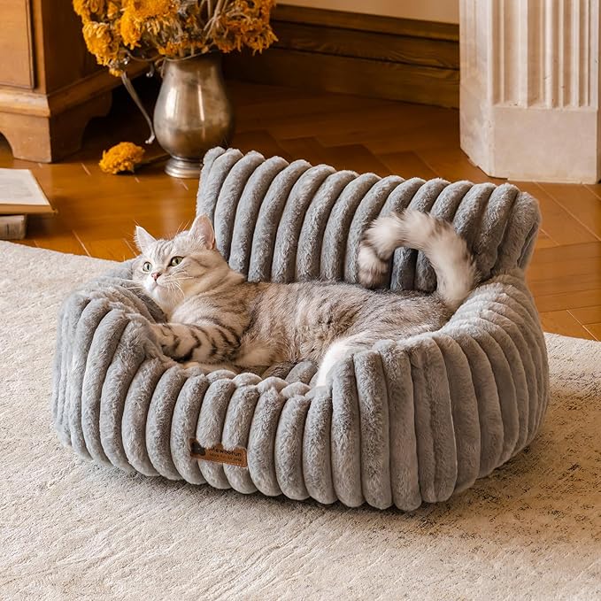MEWOOFUN Cat Beds for Indoor Cats, Fluffy Cat Couch with Removable Washable Cover, Supportive Small Dog Beds for Puppy & Kitten up to 15 lbs (Grey, 24x19x12)