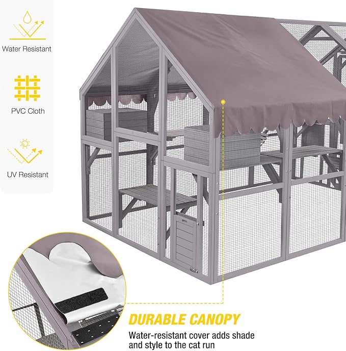 Aivituvin Catio Outdoor Cat Enclosure Large Cat Run with Bridges, Walks, Small Houses, Roof Cover 110"