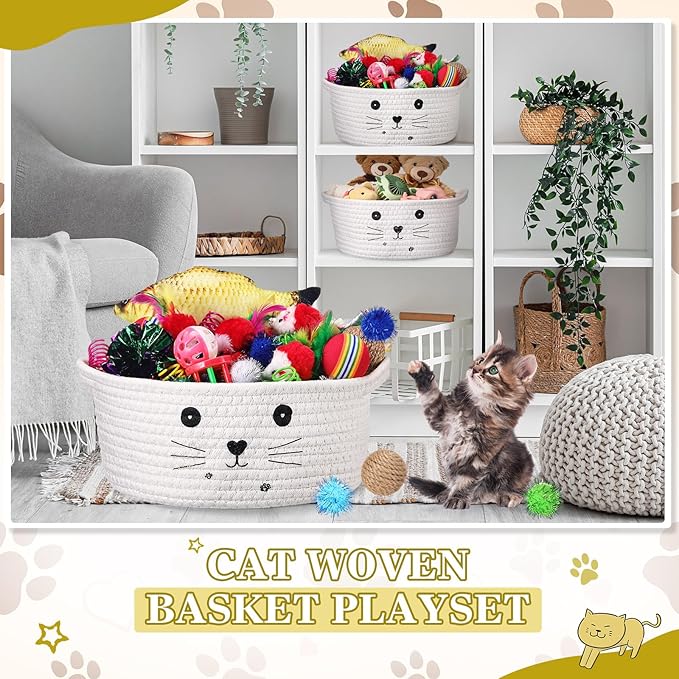 Zopeal 58 Pcs Cat Storage Basket Gift Toys Set, Colorful Flashing Balls Pet Bell Crinkle Balls Spring Toys Attract Cat to Swat, Bite, Hunt, Interactive for Pet(White,9.8 Inch)
