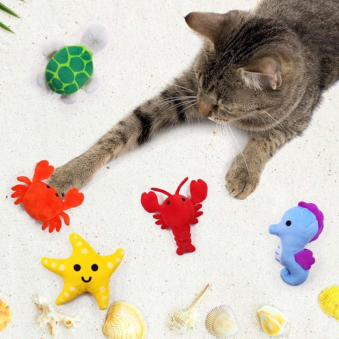 Catnip Toys for Indoor Cats Kitten Interactive Toys for Cat Lovers Gifts Chew Bite Kick Toys Supplies Lobster Octopus Crab Starfish Seahorse Sea Turtle Seafood Plush Catmint Pet Presents Set of 6